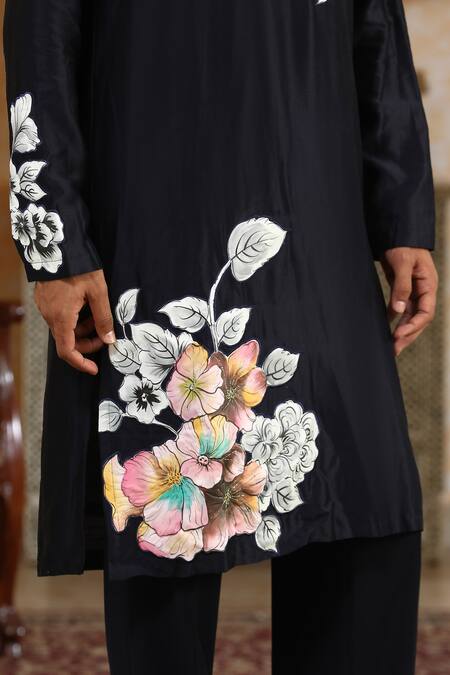 Buy_Kudrat Couture_Navy Chanderi Silk, Viscose Pearls, Handpainted Phoolkumar Embroidered Kurta Set _Online_at_Aza_Fashions