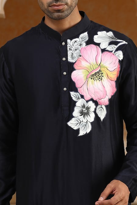 Shop_Kudrat Couture_Navy Chanderi Silk, Viscose Pearls, Handpainted Phoolkumar Embroidered Kurta Set _Online_at_Aza_Fashions