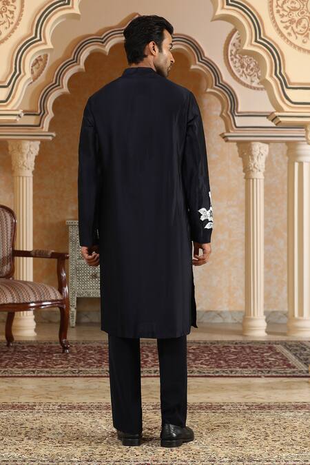 Kudrat Couture_Navy Chanderi Silk, Viscose Pearls, Handpainted Phoolkumar Embroidered Kurta Set _at_Aza_Fashions