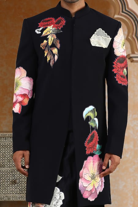 Shop_Kudrat Couture_Navy Chanderi Silk, Viscose Pearls, Handpainted Phoolkumar Embroidered Kurta Set 