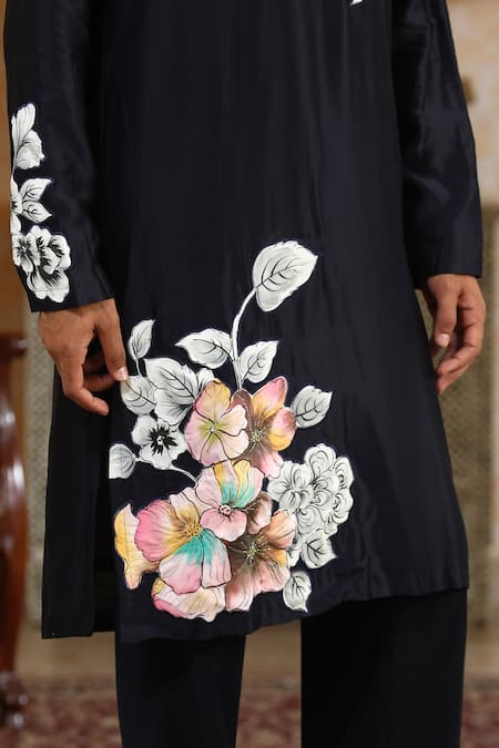 Kudrat Couture_Navy Chanderi Silk Handpainted Phoolkumar Kurta Set _Online_at_Aza_Fashions