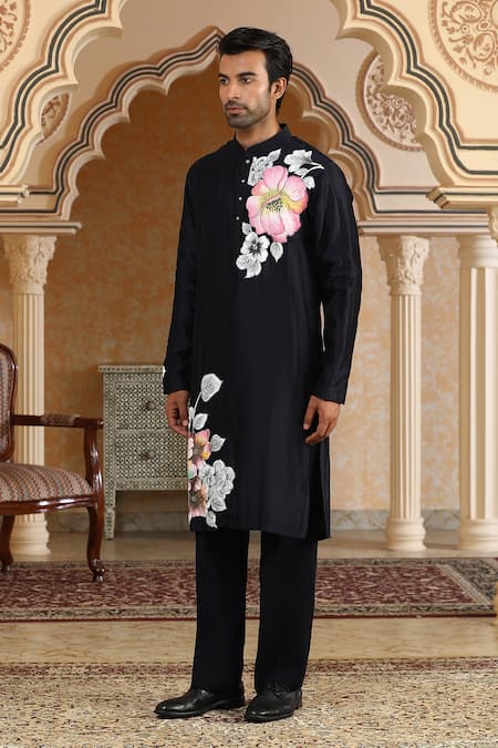 Kudrat Couture_Navy Chanderi Silk Handpainted Phoolkumar Kurta Set _at_Aza_Fashions