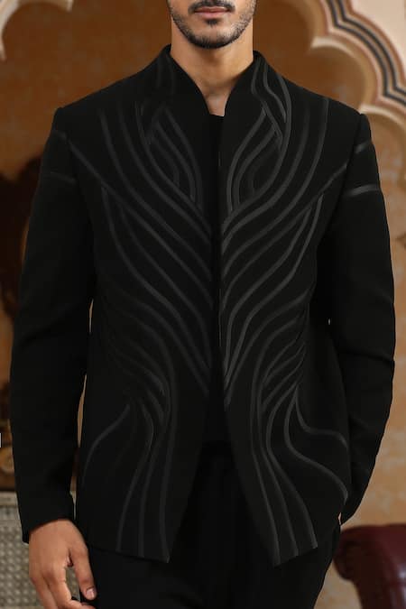 Kudrat Couture_Black Satin Drawn Deer Suit Set _Online_at_Aza_Fashions