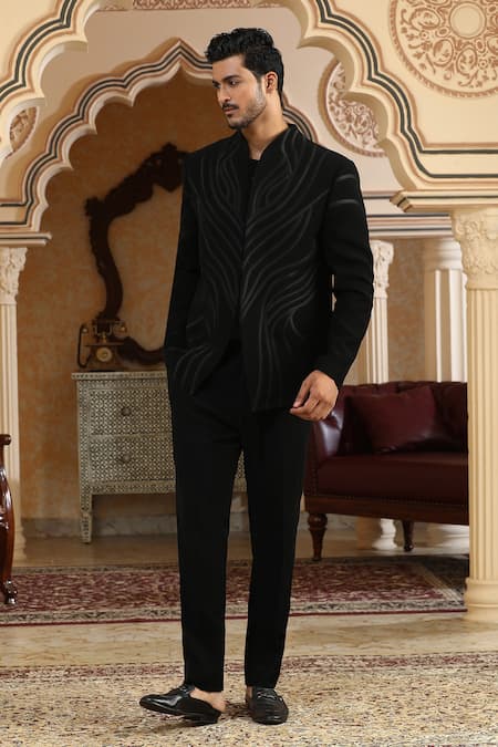 Kudrat Couture_Black Satin Drawn Deer Suit Set _at_Aza_Fashions