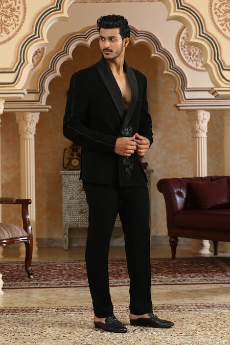 Buy_Kudrat Couture_Black Zari Glitter Flower Cut Embroidered Suit Set _Online_at_Aza_Fashions