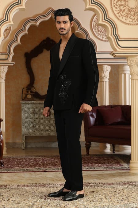 Shop_Kudrat Couture_Black Zari Glitter Flower Cut Embroidered Suit Set _Online_at_Aza_Fashions