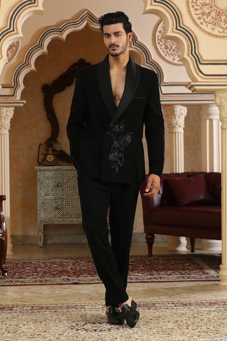 Kudrat Couture_Black Zari Glitter Flower Cut Embroidered Suit Set _at_Aza_Fashions