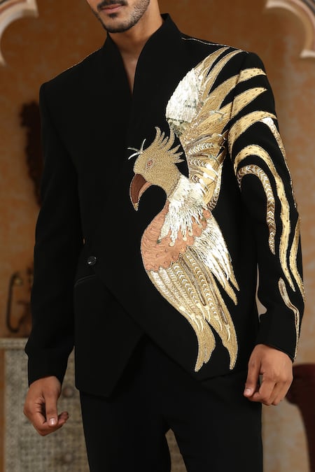 Kudrat Couture_Black Embroidery Sworn Eagle Suit Set _Online_at_Aza_Fashions