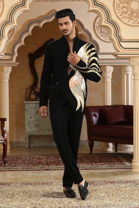 Shop_Kudrat Couture_Black Embroidery Sworn Eagle Suit Set _Online_at_Aza_Fashions