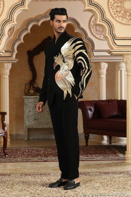 Kudrat Couture_Black Embroidery Sworn Eagle Suit Set _at_Aza_Fashions