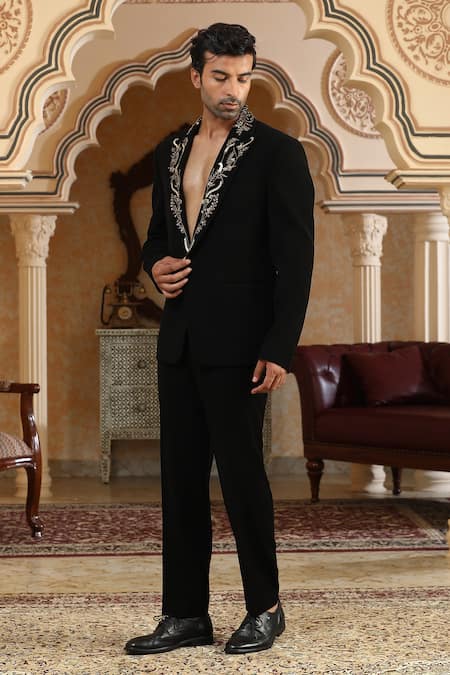 Kudrat Couture_Black Zari, Sequins Gold Vines Embroidered Suit Set _Online_at_Aza_Fashions