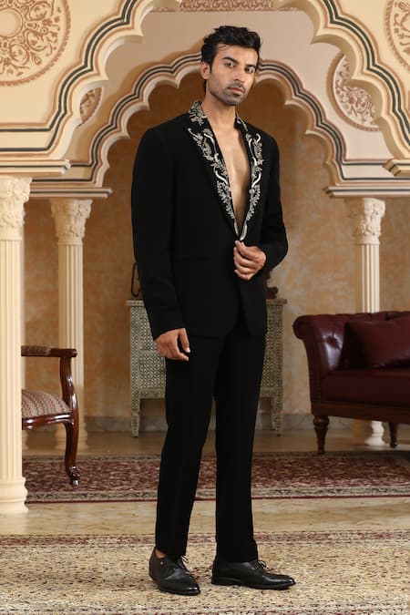 Buy_Kudrat Couture_Black Zari, Sequins Gold Vines Embroidered Suit Set _Online_at_Aza_Fashions
