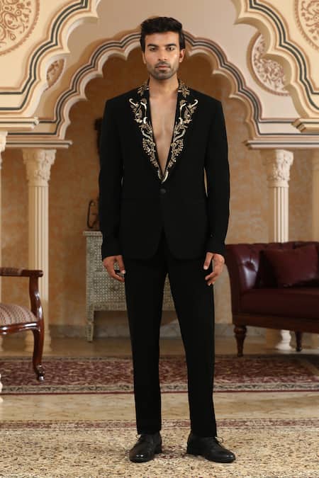 Shop_Kudrat Couture_Black Zari, Sequins Gold Vines Embroidered Suit Set _Online_at_Aza_Fashions