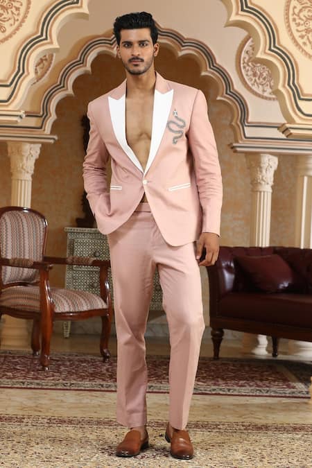 Buy_Kudrat Couture_Pink Linen Cut Work, Embroidery Serpents Charm Suit Set _Online_at_Aza_Fashions