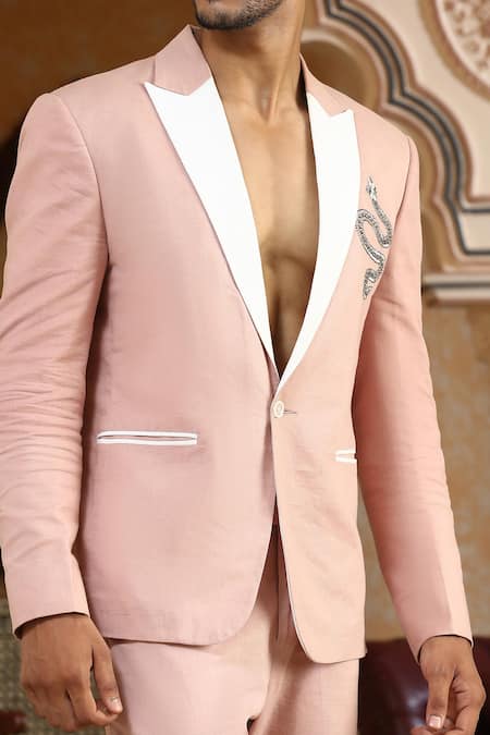 Kudrat Couture_Pink Linen Cut Work, Embroidery Serpents Charm Suit Set _at_Aza_Fashions