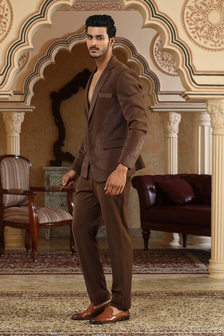 Kudrat Couture_Brown Corduroy, Polyester Textured Applique Suit Set _at_Aza_Fashions