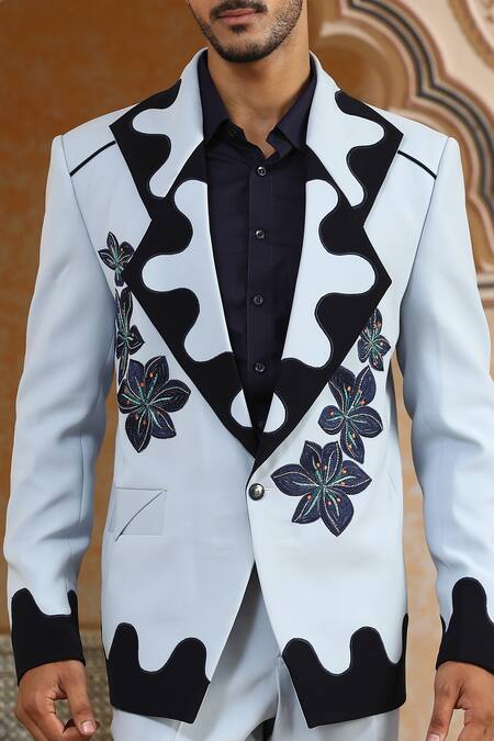 Kudrat Couture_Blue Applique, Zari Lily Dual Tone Suit Set _at_Aza_Fashions