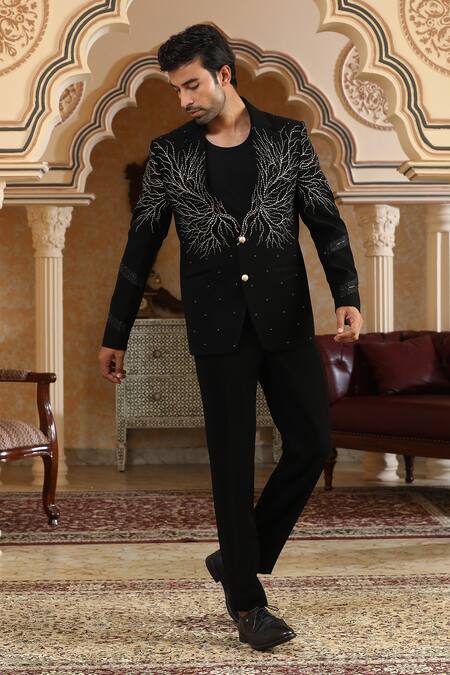 Kudrat Couture_Black Embroidery Kalpvriksha Suit Set _at_Aza_Fashions