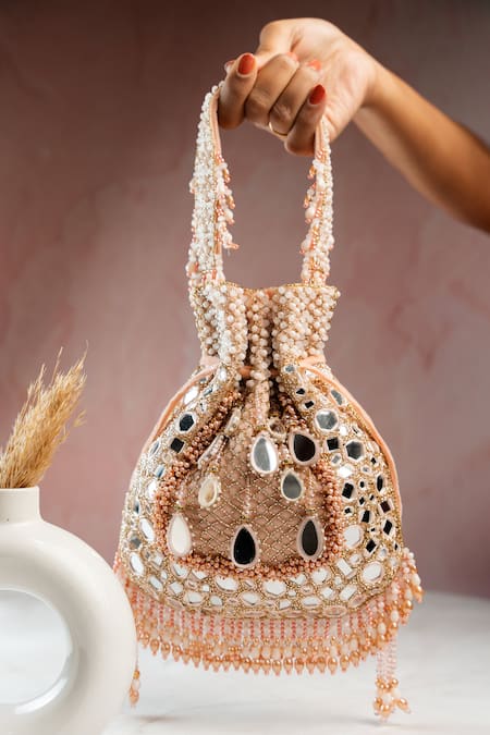 Shop Nayaab By Sonia Pink Embroidery, Beads Aaina Jaal Jhaalar Blush Potli at Aza Fashions Shop_Nayaab By Sonia_Pink Embroidery, Beads Aaina Jaal Jhaalar Blush Potli _at_Aza_Fashions