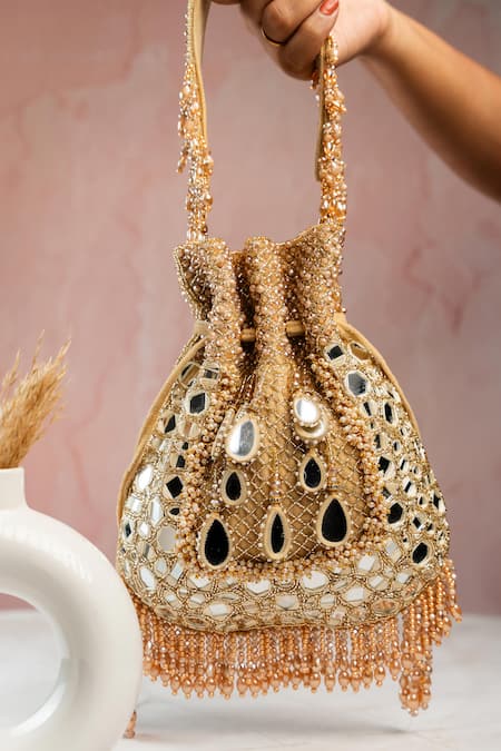 Shop Nayaab By Sonia Gold Beads, Mirrors, Embroidery Aaina Jaal Jhaalar Potli at Aza Fashions Shop_Nayaab By Sonia_Gold Beads, Mirrors, Embroidery Aaina Jaal Jhaalar Potli _at_Aza_Fashions