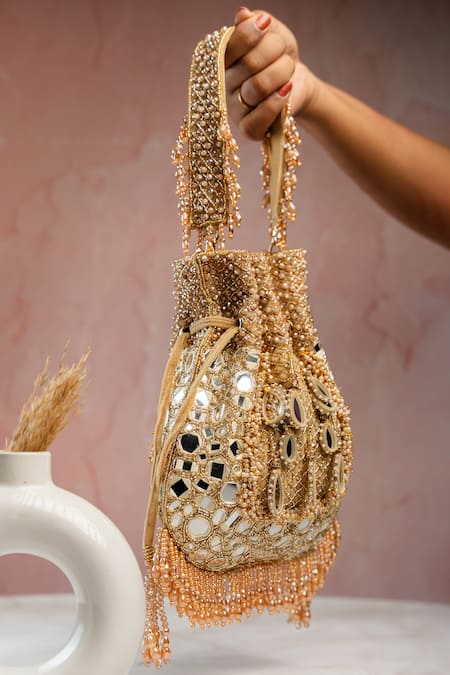 Shop Nayaab By Sonia Gold Beads, Mirrors, Embroidery Aaina Jaal Jhaalar Potli Online at Aza Fashions Shop_Nayaab By Sonia_Gold Beads, Mirrors, Embroidery Aaina Jaal Jhaalar Potli _Online_at_Aza_Fashions