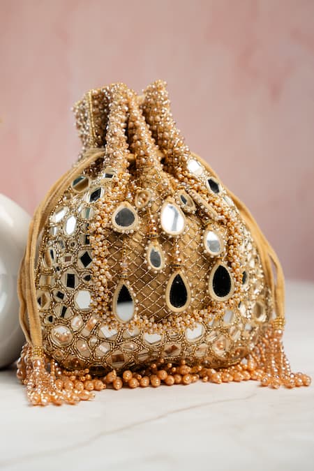 Nayaab By Sonia Gold Beads, Mirrors, Embroidery Aaina Jaal Jhaalar Potli at Aza Fashions Nayaab By Sonia_Gold Beads, Mirrors, Embroidery Aaina Jaal Jhaalar Potli _at_Aza_Fashions