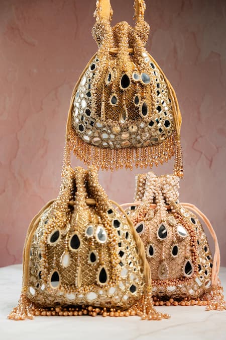 Buy Nayaab By Sonia Gold Beads, Mirrors, Embroidery Aaina Jaal Jhaalar Potli Buy_Nayaab By Sonia_Gold Beads, Mirrors, Embroidery Aaina Jaal Jhaalar Potli