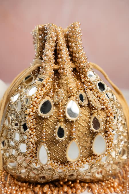 Shop Nayaab By Sonia Gold Beads, Mirrors, Embroidery Aaina Jaal Jhaalar Potli Shop_Nayaab By Sonia_Gold Beads, Mirrors, Embroidery Aaina Jaal Jhaalar Potli