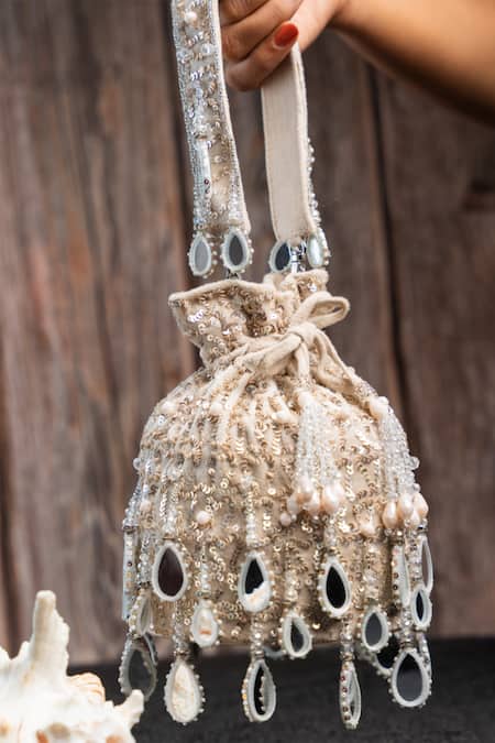 Nayaab By Sonia Off White Sequins, Beads Aaina Bucket Ecru Potli Online at Aza Fashions Nayaab By Sonia_Off White Sequins, Beads Aaina Bucket Ecru Potli _Online_at_Aza_Fashions