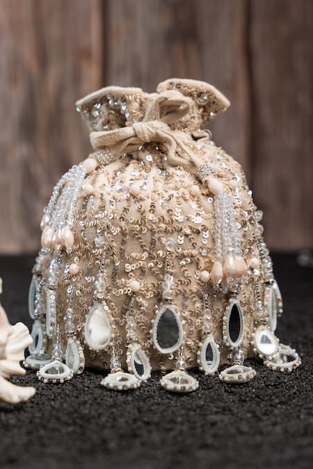 Shop Nayaab By Sonia Off White Sequins, Beads Aaina Bucket Ecru Potli at Aza Fashions Shop_Nayaab By Sonia_Off White Sequins, Beads Aaina Bucket Ecru Potli _at_Aza_Fashions