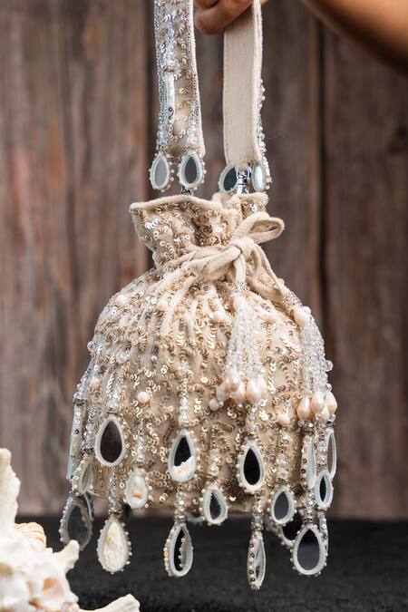 Shop Nayaab By Sonia Off White Sequins, Beads Aaina Bucket Ecru Potli Online at Aza Fashions Shop_Nayaab By Sonia_Off White Sequins, Beads Aaina Bucket Ecru Potli _Online_at_Aza_Fashions