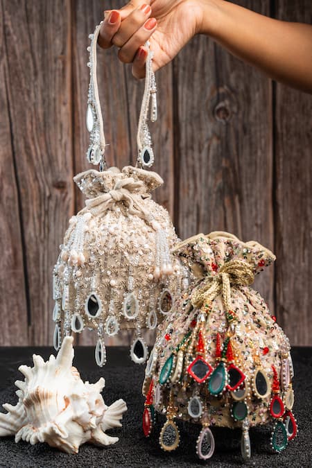 Buy Nayaab By Sonia Off White Sequins, Beads Aaina Bucket Ecru Potli Buy_Nayaab By Sonia_Off White Sequins, Beads Aaina Bucket Ecru Potli