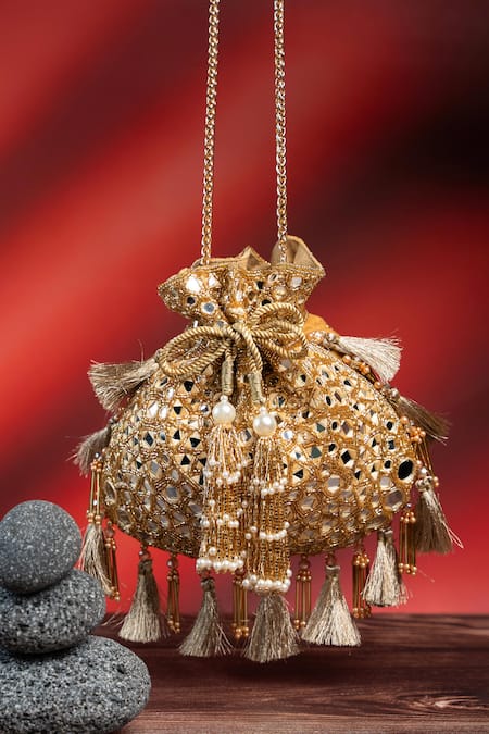 Nayaab By Sonia Gold Embroidery, Tassels Aynali Abla Potli 