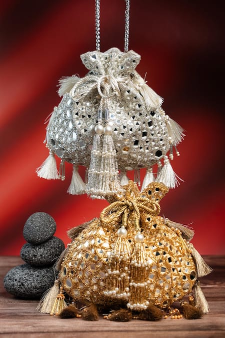 Shop Nayaab By Sonia Gold Embroidery, Tassels Aynali Abla Potli Online at Aza Fashions Shop_Nayaab By Sonia_Gold Embroidery, Tassels Aynali Abla Potli _Online_at_Aza_Fashions