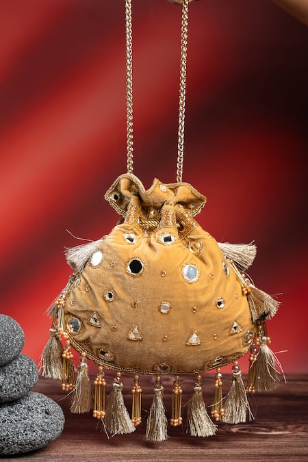 Shop Nayaab By Sonia Gold Embroidery, Tassels Aynali Abla Potli at Aza Fashions Shop_Nayaab By Sonia_Gold Embroidery, Tassels Aynali Abla Potli _at_Aza_Fashions