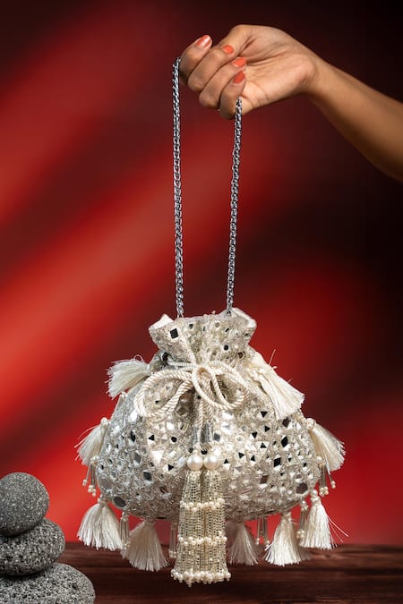 Shop Nayaab By Sonia Silver Embroidery, Tassels Aynali Abla Potli at Aza Fashions Shop_Nayaab By Sonia_Silver Embroidery, Tassels Aynali Abla Potli _at_Aza_Fashions