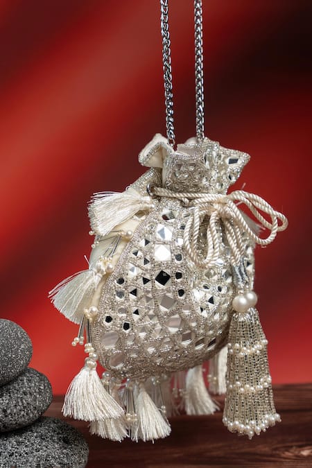 Nayaab By Sonia Silver Embroidery, Tassels Aynali Abla Potli Online at Aza Fashions Nayaab By Sonia_Silver Embroidery, Tassels Aynali Abla Potli _Online_at_Aza_Fashions