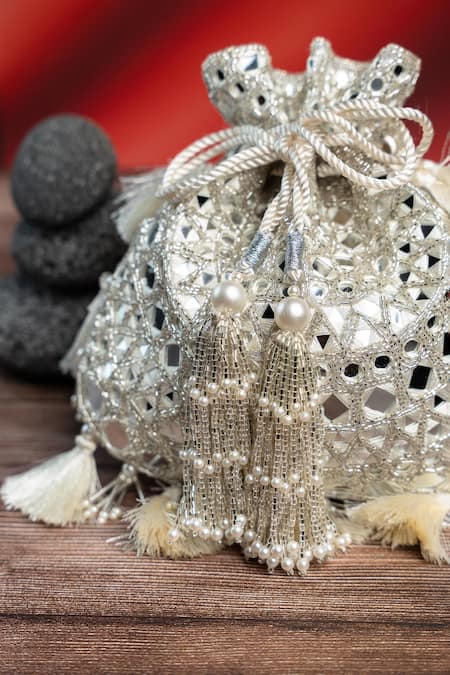 Shop Nayaab By Sonia Silver Embroidery, Tassels Aynali Abla Potli Online at Aza Fashions Shop_Nayaab By Sonia_Silver Embroidery, Tassels Aynali Abla Potli _Online_at_Aza_Fashions