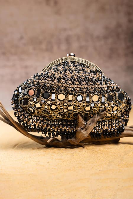 Buy_Nayaab By Sonia_Black Embroidery, Beads Aynali Clutch Potli _Online_at_Aza_Fashions