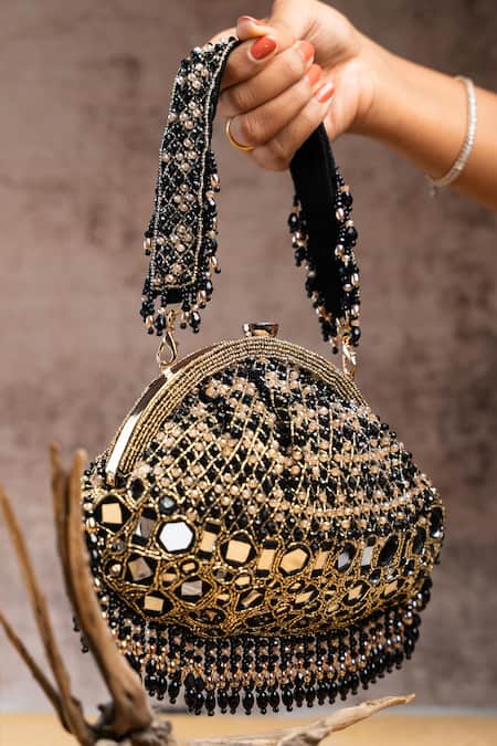 Nayaab By Sonia_Black Embroidery, Beads Aynali Clutch Potli _at_Aza_Fashions