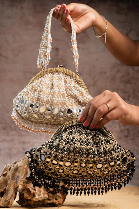 Shop Nayaab By Sonia Gold Beads, Embroidery, Sequins Aynali Clutch Ecru Potli Online at Aza Fashions Shop_Nayaab By Sonia_Gold Beads, Embroidery, Sequins Aynali Clutch Ecru Potli _Online_at_Aza_Fashions