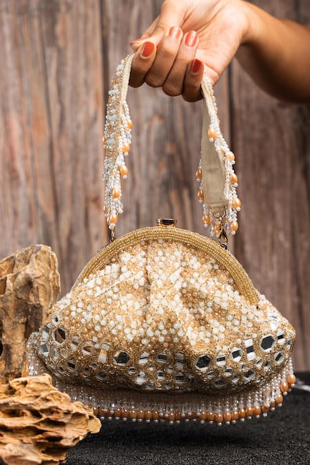 Nayaab By Sonia Gold Beads, Embroidery, Sequins Aynali Clutch Ecru Potli 
