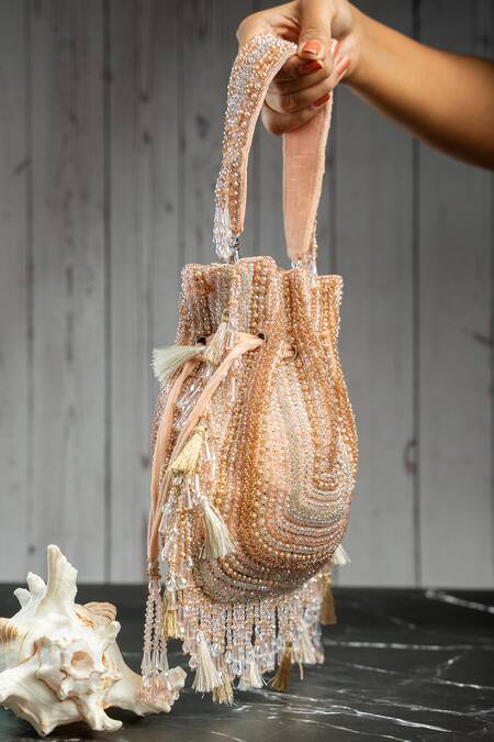 Nayaab By Sonia_Pink Beads, Tassels Baraq Blush Potli _Online_at_Aza_Fashions