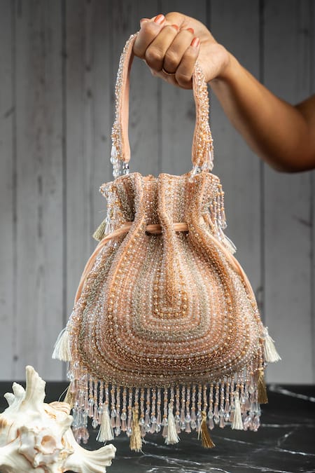 Nayaab By Sonia Pink Beads, Tassels Baraq Blush Potli 