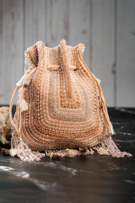Shop_Nayaab By Sonia_Pink Beads, Tassels Baraq Blush Potli _at_Aza_Fashions