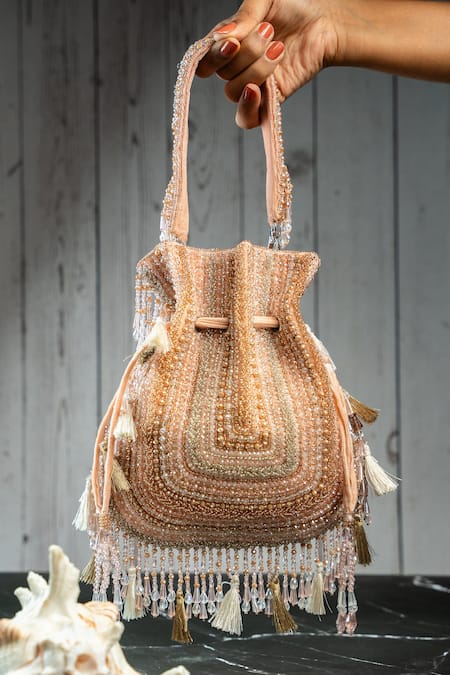 Nayaab By Sonia_Pink Beads, Tassels Baraq Blush Potli _at_Aza_Fashions