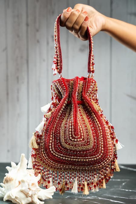 Shop Nayaab By Sonia Maroon Beads, Tassels Baraq Scarlet Red Potli at Aza Fashions Shop_Nayaab By Sonia_Maroon Beads, Tassels Baraq Scarlet Red Potli _at_Aza_Fashions