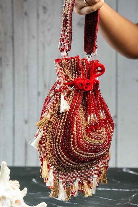 Shop Nayaab By Sonia Maroon Beads, Tassels Baraq Scarlet Red Potli Online at Aza Fashions Shop_Nayaab By Sonia_Maroon Beads, Tassels Baraq Scarlet Red Potli _Online_at_Aza_Fashions
