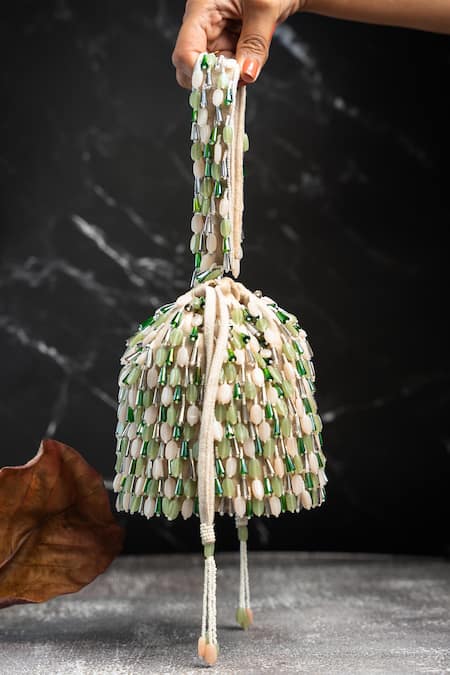 Shop Nayaab By Sonia Cream Beads Serenity Gilt Drops Mint Maritime Potli at Aza Fashions Shop_Nayaab By Sonia_Cream Beads Serenity Gilt Drops Mint Maritime Potli _at_Aza_Fashions