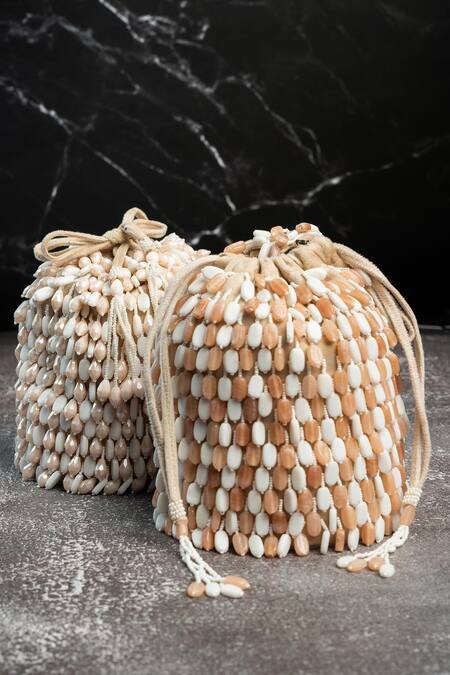 Shop_Nayaab By Sonia_Cream Beads Serenity Gilt Drops Dew Dust Potli _Online_at_Aza_Fashions